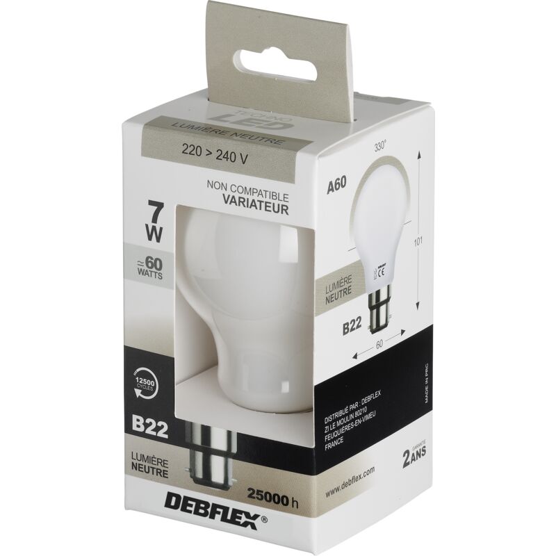 AMPOULE A60 LED BLANC B22 7W 4000K 810lm - DEBFLEX - 600404