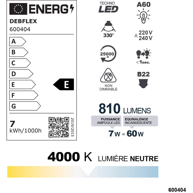 AMPOULE A60 LED BLANC B22 7W 4000K 810lm - DEBFLEX - 600404
