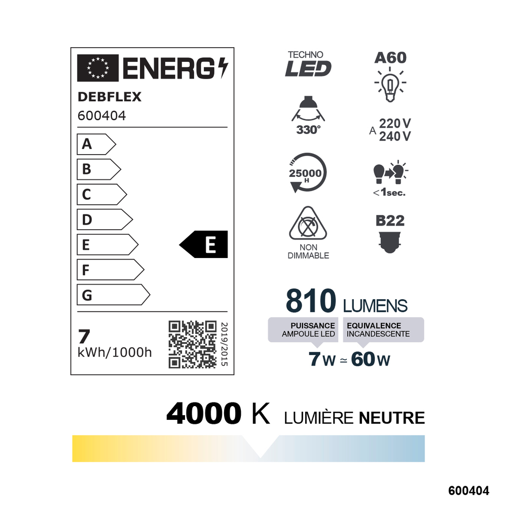 AMPOULE A60 LED BLANC B22 7W 4000K 810lm - DEBFLEX - 600404