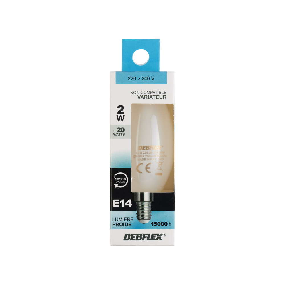 AMPOULE C35 LED BLANC E14 2W 6500K 250lm - DEBFLEX - 600405