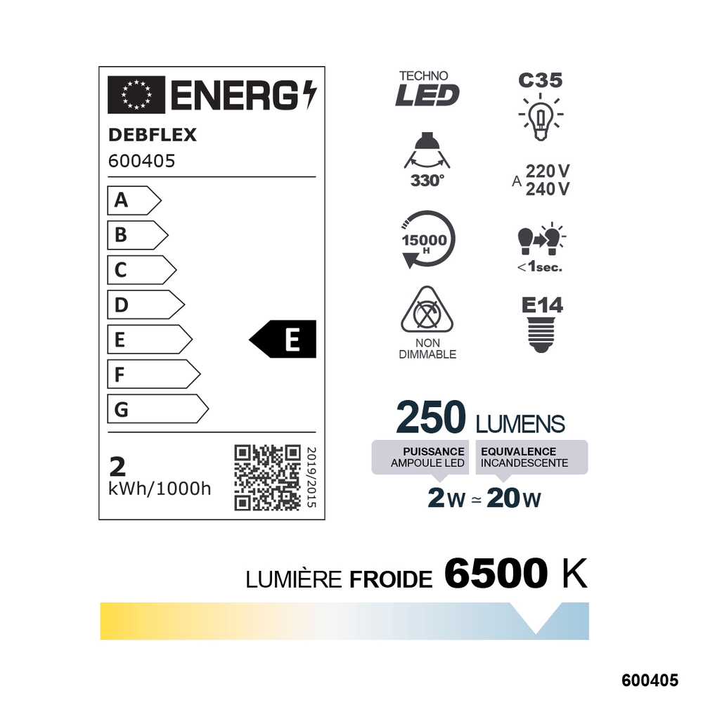 AMPOULE C35 LED BLANC E14 2W 6500K 250lm - DEBFLEX - 600405
