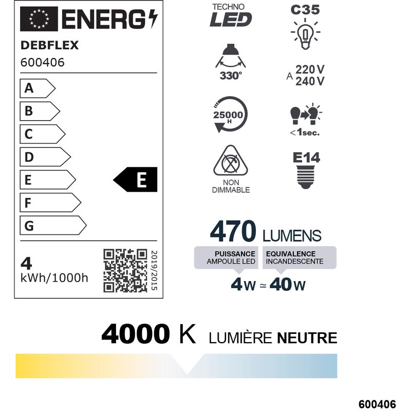 AMPOULE C35 LED BLANC E14 4W 4000K 470lm - DEBFLEX - 600406
