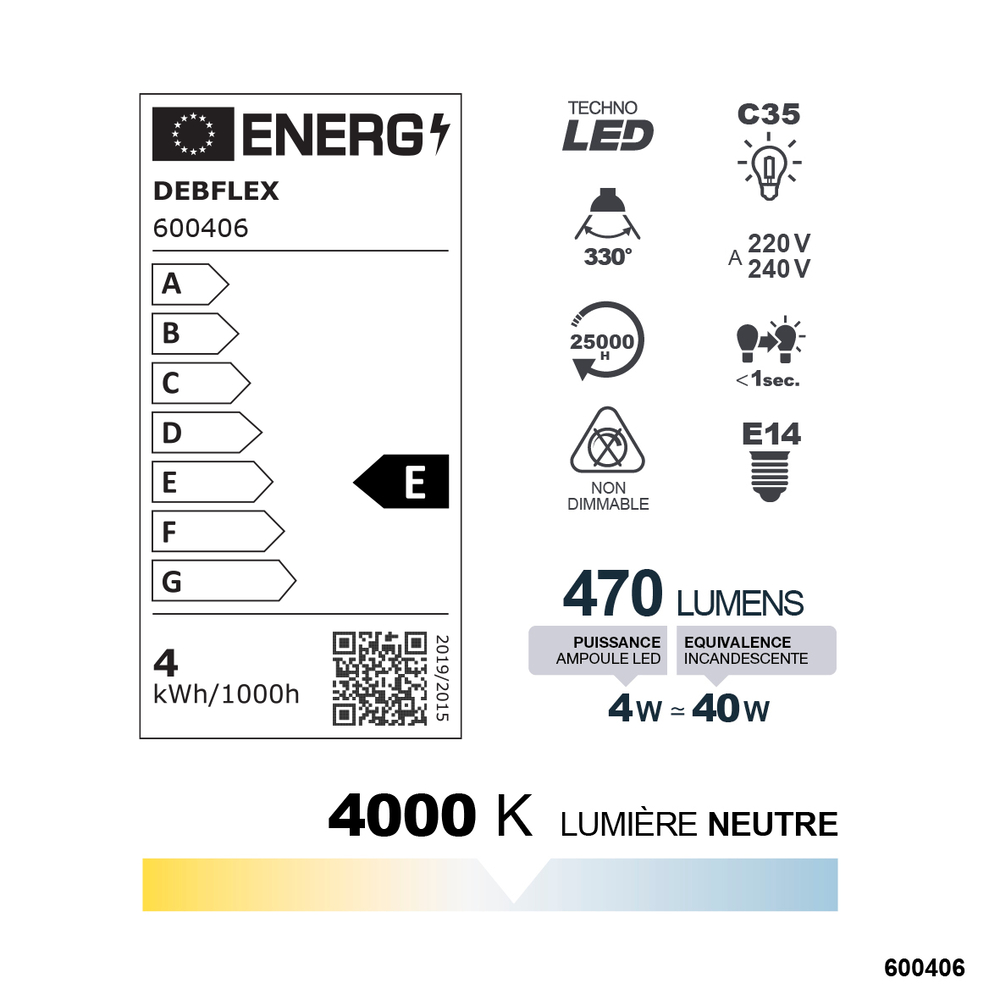 AMPOULE C35 LED BLANC E14 4W 4000K 470lm - DEBFLEX - 600406