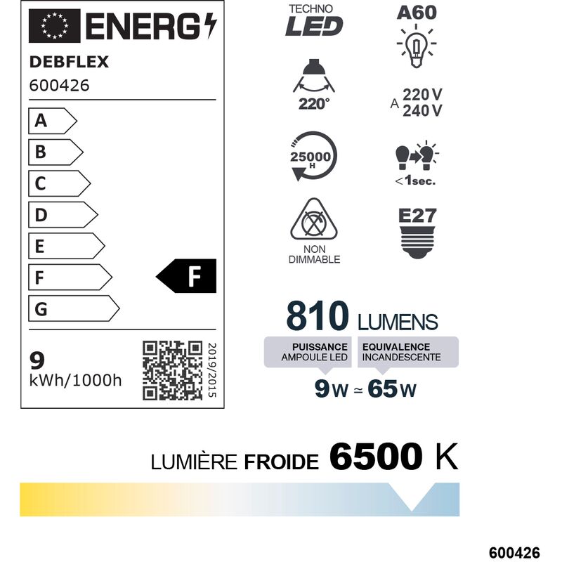 AMPOULE A60 SMD VERRE BLANC E27 9W 6500K 810LM - DEBFLEX - 600426