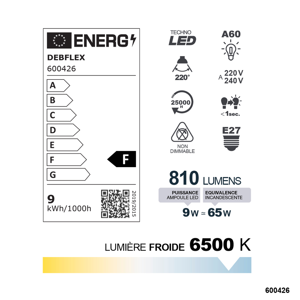 AMPOULE A60 SMD VERRE BLANC E27 9W 6500K 810LM - DEBFLEX - 600426