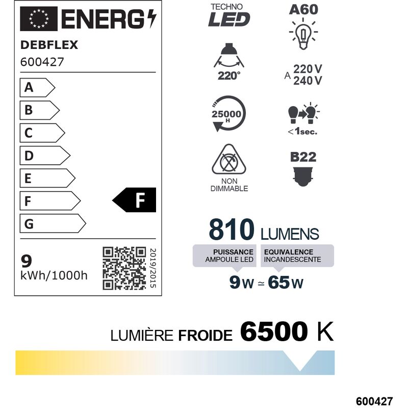 AMPOULE A60 SMD VERRE BLANC B22 9W 6500K 810LM - DEBFLEX - 600427