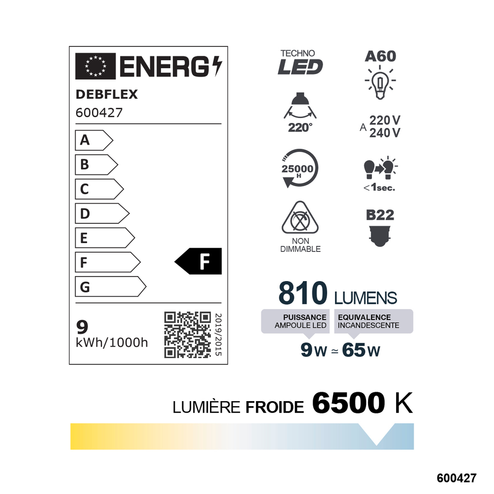AMPOULE A60 SMD VERRE BLANC B22 9W 6500K 810LM - DEBFLEX - 600427