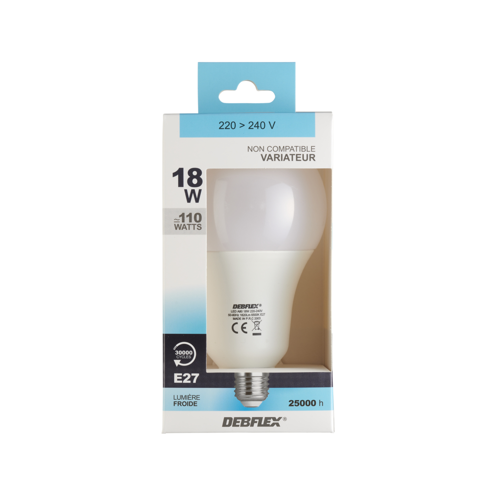 AMPOULE A70 SMD VERRE BLANC E27 18W 6500K 1620LM - DEBFLEX - 600429