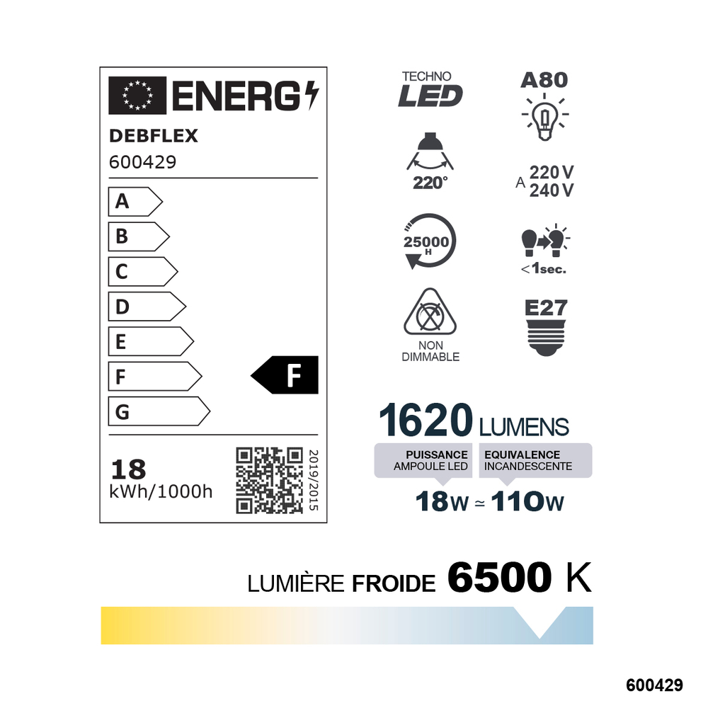 AMPOULE A70 SMD VERRE BLANC E27 18W 6500K 1620LM - DEBFLEX - 600429