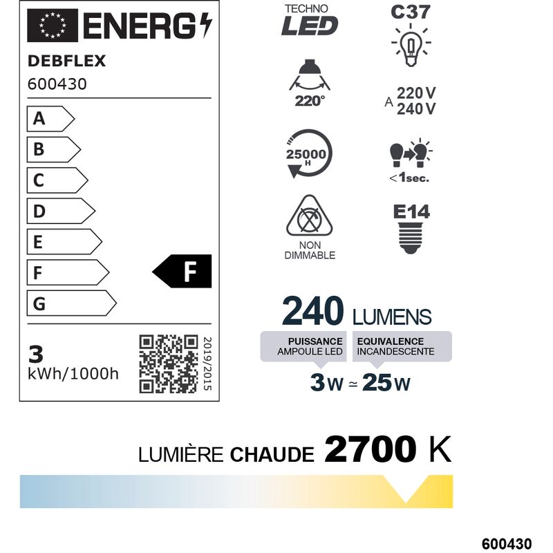 AMPOULE C37 SMD VERRE BLANC E14 3W 2700K 240LM - DEBFLEX - 600430