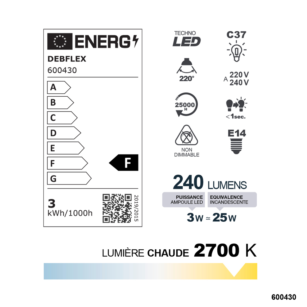 AMPOULE C37 SMD VERRE BLANC E14 3W 2700K 240LM - DEBFLEX - 600430