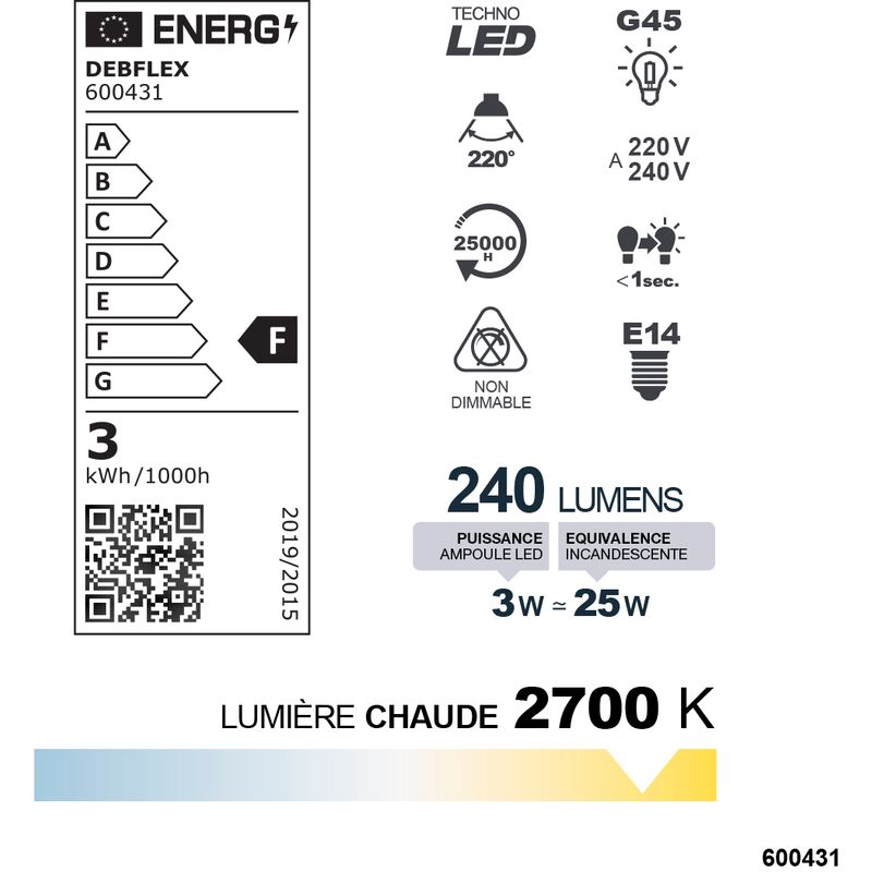 AMPOULE G45 SMD VERRE BLANC E14 3W 2700K 240LM - DEBFLEX - 600431