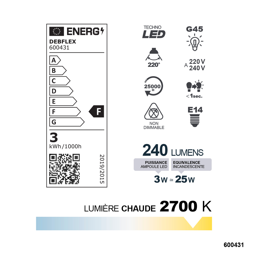 AMPOULE G45 SMD VERRE BLANC E14 3W 2700K 240LM - DEBFLEX - 600431