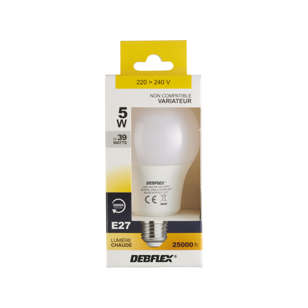 AMPOULE A60 SMD VERRE BLANC E27 5W 2700K 450LM - DEBFLEX - 600432