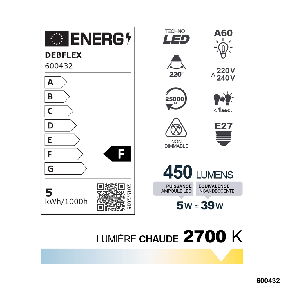 AMPOULE A60 SMD VERRE BLANC E27 5W 2700K 450LM - DEBFLEX - 600432