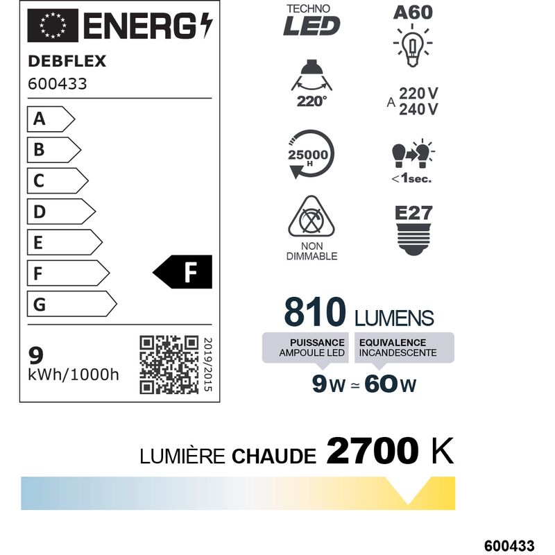 AMPOULE A60 SMD VERRE BLANC E27 9W 2700K 810LM - DEBFLEX - 600433