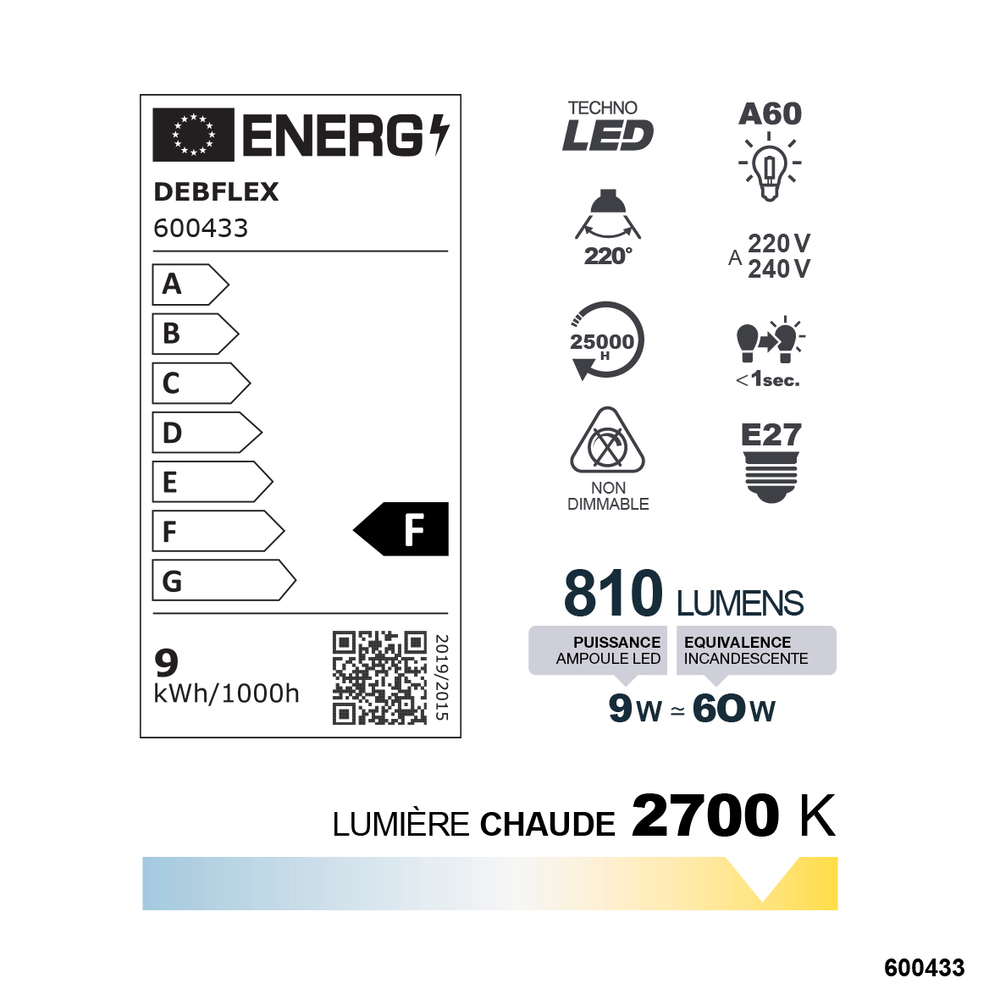 AMPOULE A60 SMD VERRE BLANC E27 9W 2700K 810LM - DEBFLEX - 600433