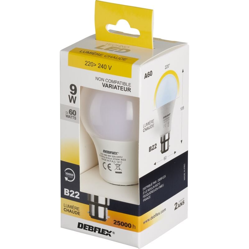 AMPOULE A60 SMD VERRE BLANC B22 9W 2700K 810LM - DEBFLEX - 600434