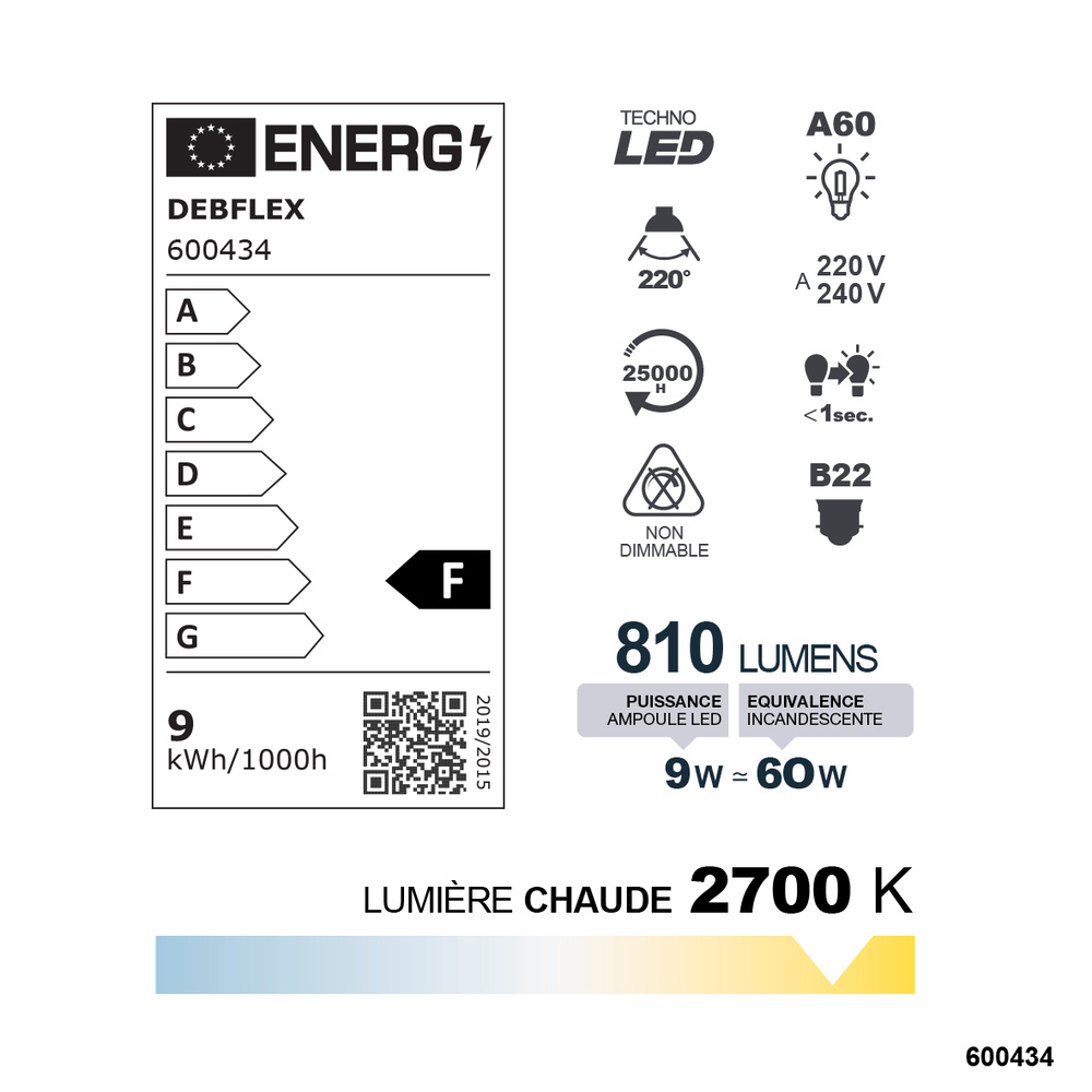 AMPOULE A60 SMD VERRE BLANC B22 9W 2700K 810LM - DEBFLEX - 600434