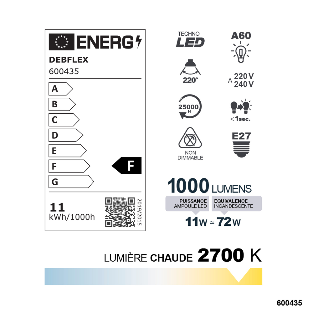 AMPOULE A60 SMD VERRE BLANC E27 11W 2700K 1000LM - DEBFLEX - 600435