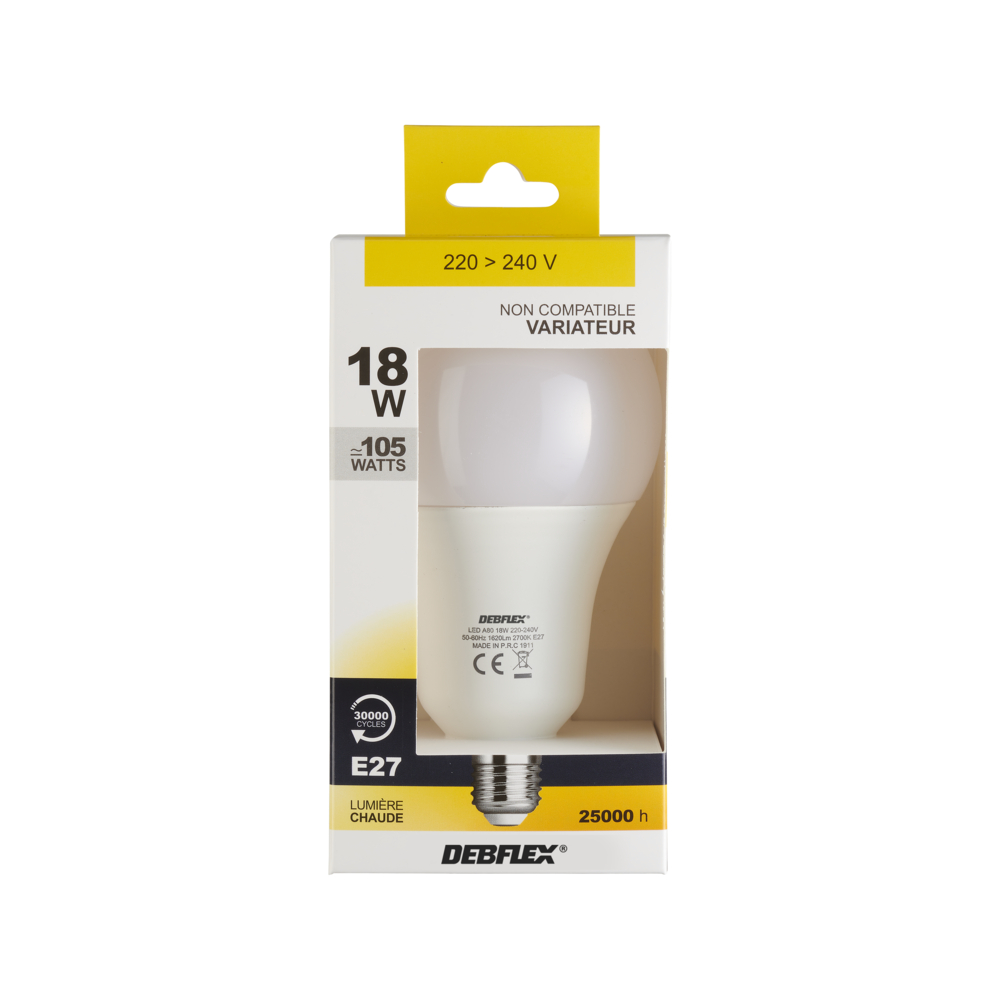 AMPOULE A80 SMD VERRE BLANC E27 18W 2700K 1620LM - DEBFLEX - 600436