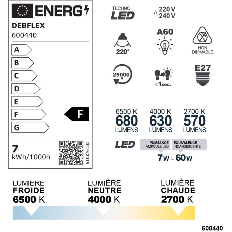 AMPOULE A60 SMD VERRE BLANC E27 7W TRIMAX 630LM - DEBFLEX - 600440