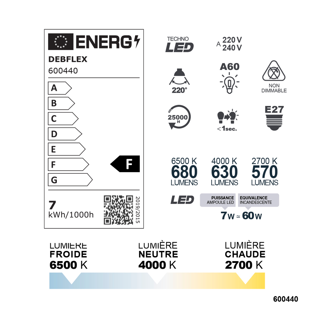 AMPOULE A60 SMD VERRE BLANC E27 7W TRIMAX 630LM - DEBFLEX - 600440