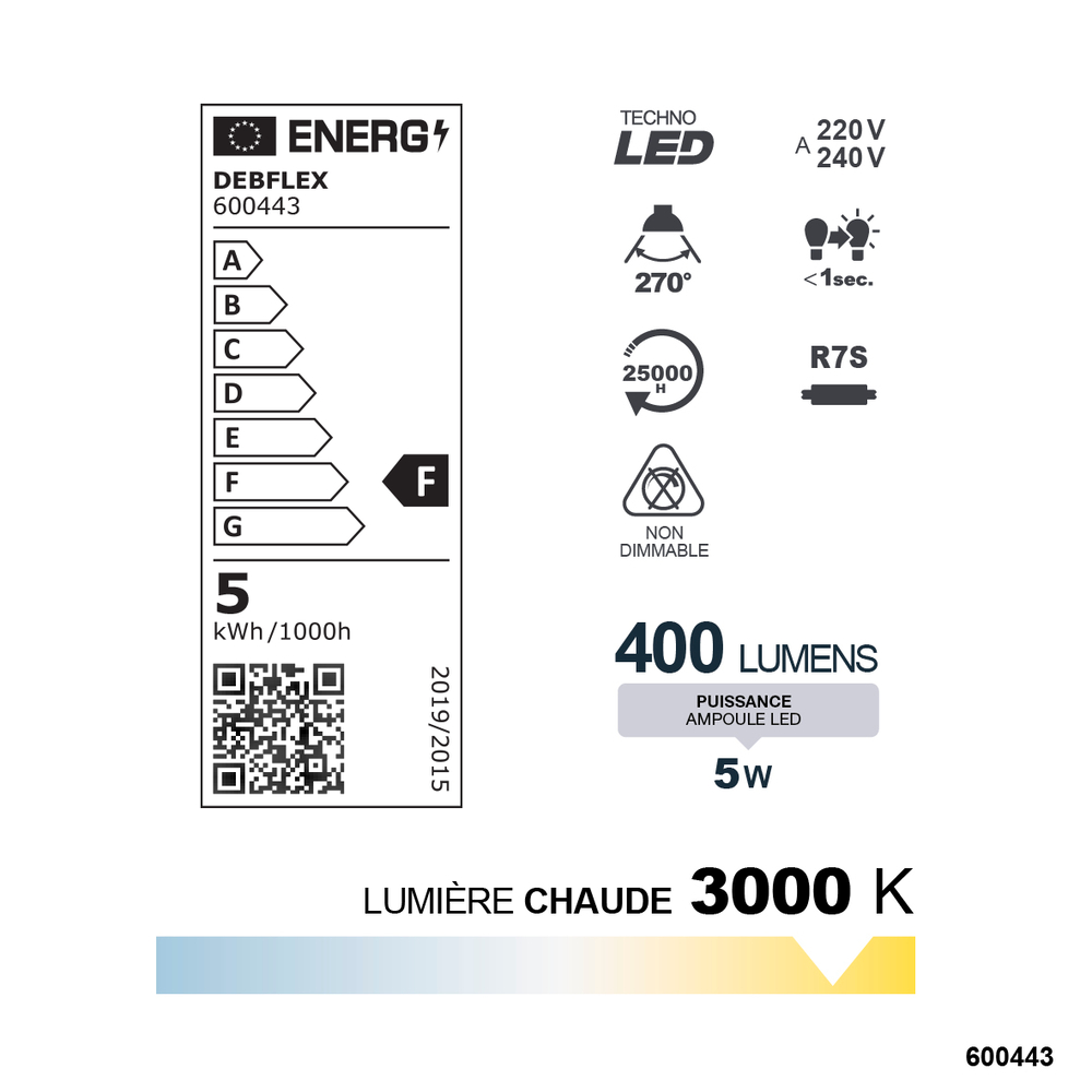 CRAYON LED 78MM SMD VERRE TRANSPARENT R7S 5W 3000K 400LM - DEBFLEX - 600443