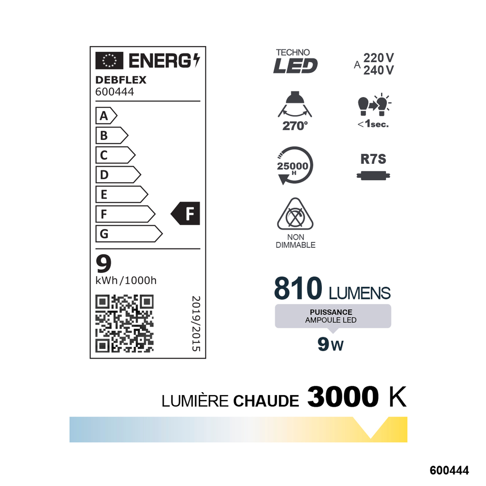 CRAYON LED 115MM SMD VERRE TRANSPARENT R7S 10W 3000K 820LM - DEBFLEX - 600444