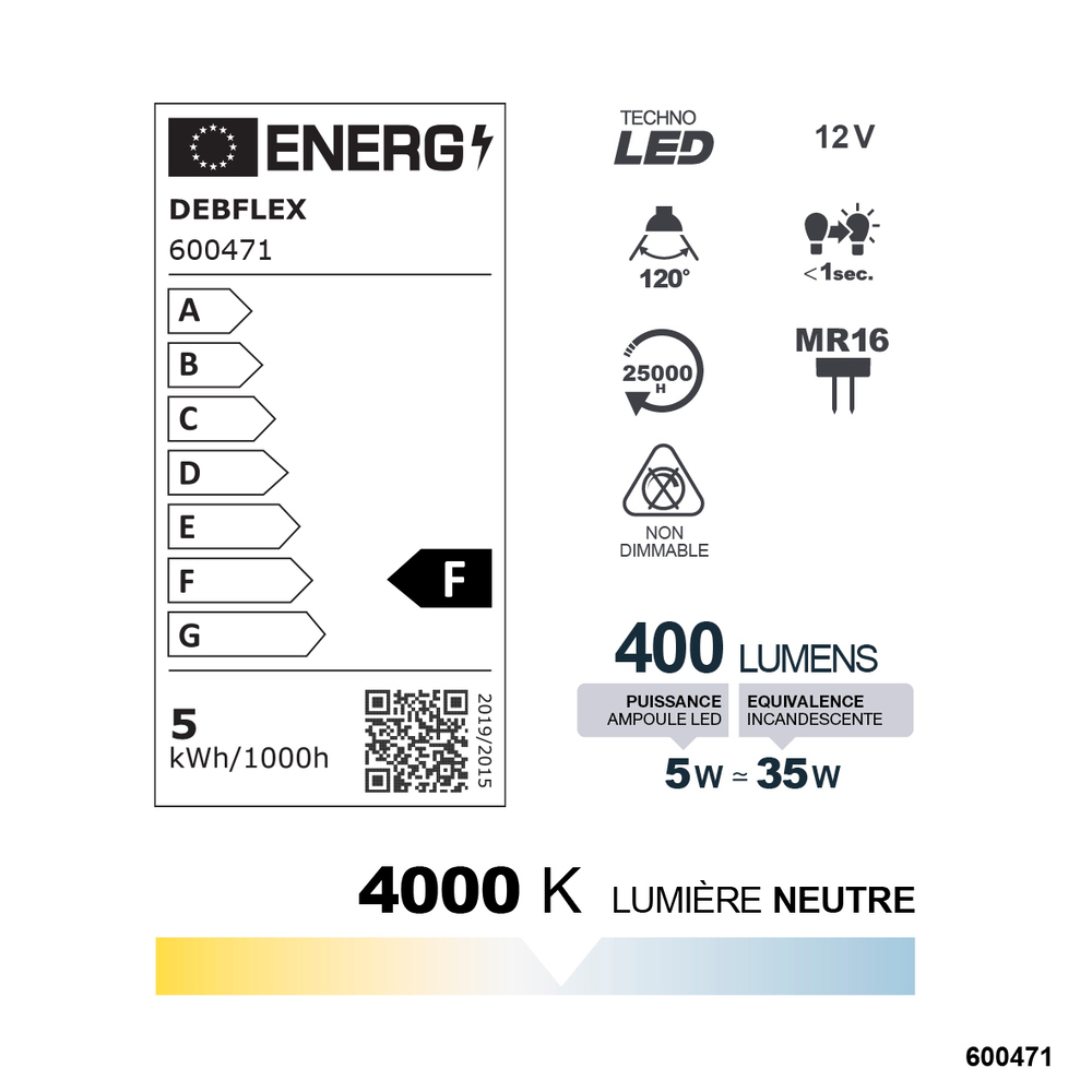 AMPOULE SPOT MR16 SMD VERRE TRANSPARENT GU5.3 5W 4000K 400LM - DEBFLEX - 600471