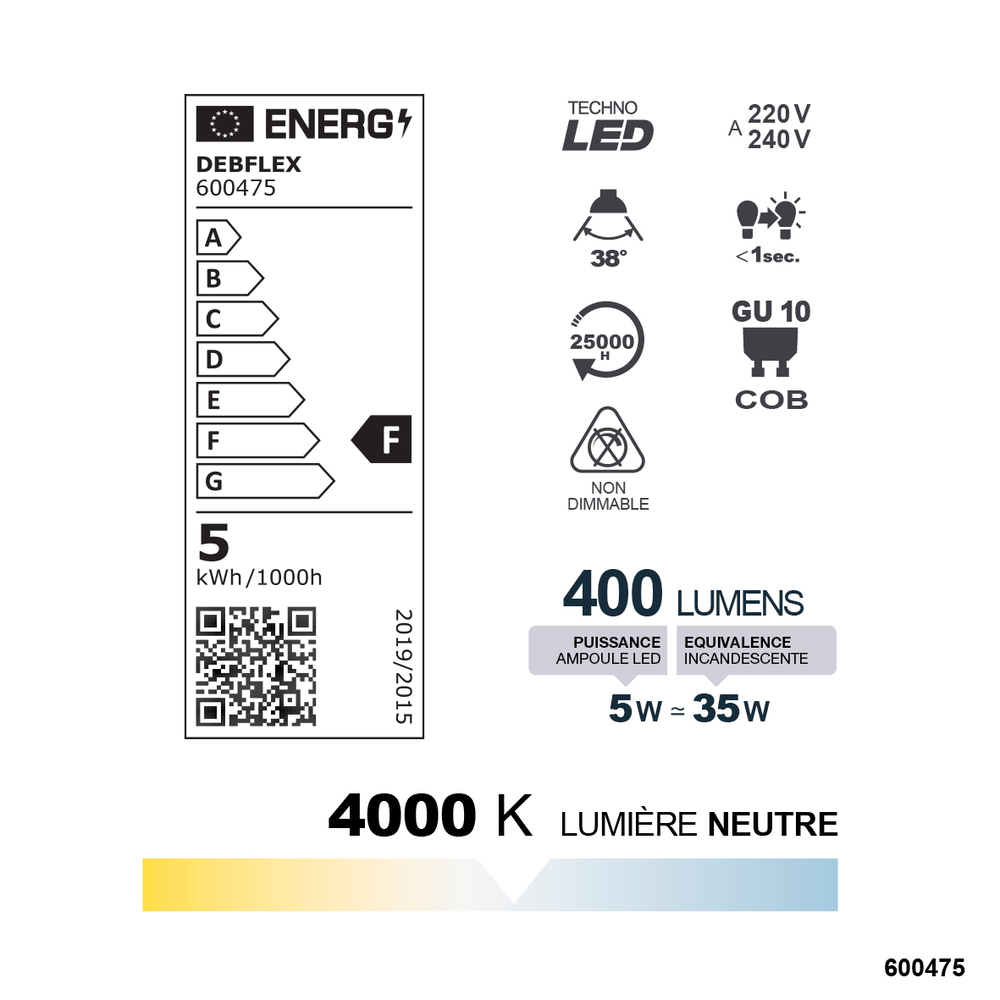 AMPOULE SPOT SMD VERRE TRANSPARENT GU10 VARIABLE 5W 4000K 400LM - DEBFLEX - 600475