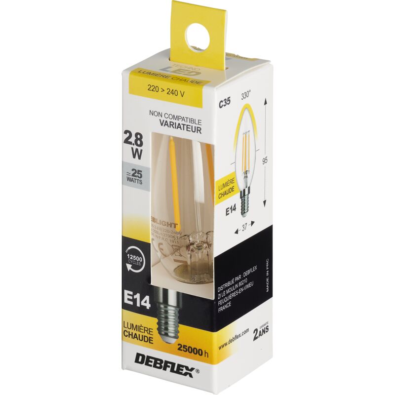 AMPOULE C35 FILAMENT VERRE TRANSPARENT E14 2,8W 2700K 250LM - DEBFLEX - 600476
