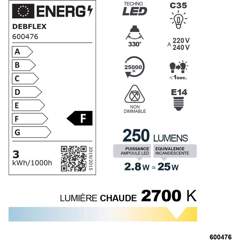 AMPOULE C35 FILAMENT VERRE TRANSPARENT E14 2,8W 2700K 250LM - DEBFLEX - 600476