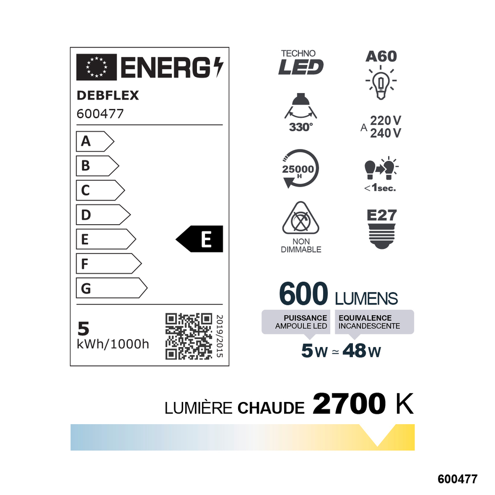 AMPOULE A60 FILAMENT VERRE TRANSPARENT E27 5W 2700K 600LM - DEBFLEX - 600477
