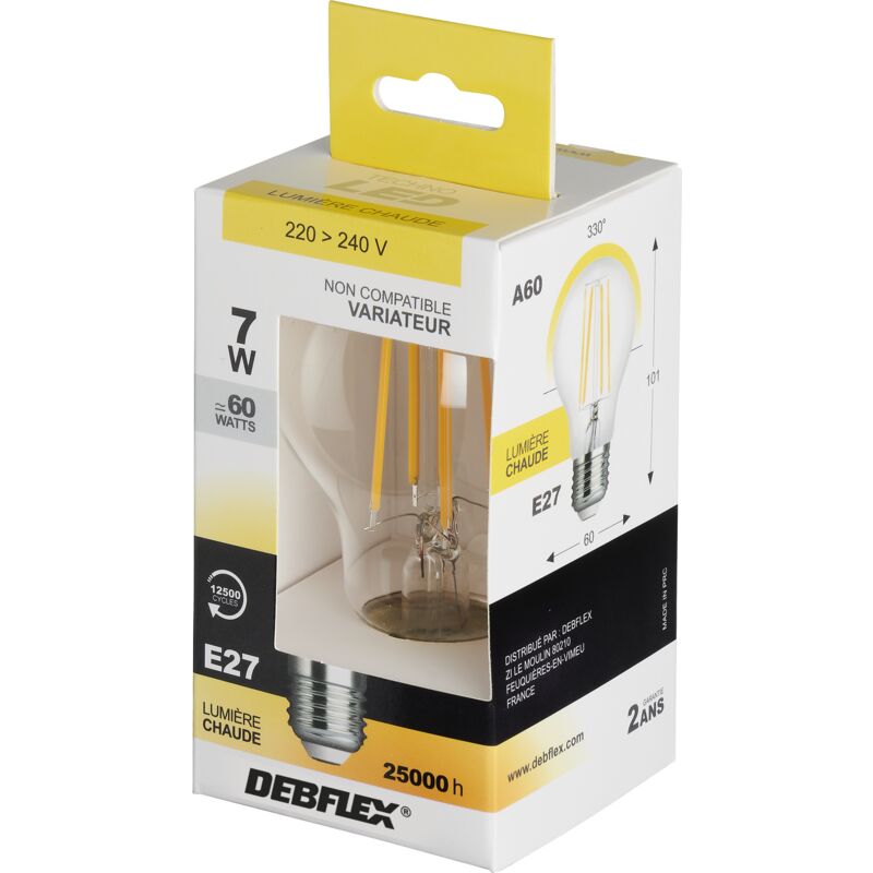 AMPOULE A60 FILAMENT VERRE TRANSPARENT E27 7W 2700K 810LM - DEBFLEX - 600478