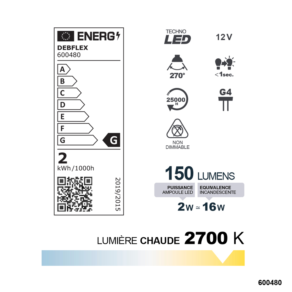 AMPOULE SMD BLANC G4 2W 2700K 220LM - DEBFLEX - 600480