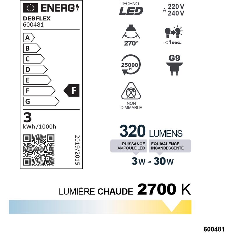 AMPOULE SMD TRANSPARENT G9 3W 2700K 320LM - DEBFLEX - 600481