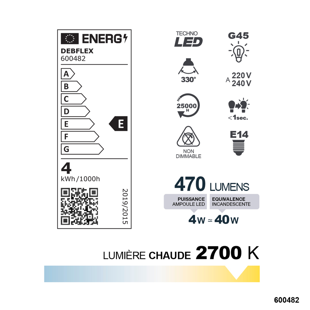 AMPOULE G45 FILAMENT VERRE BLANC E14 4W 2700K 470LM - DEBFLEX - 600482