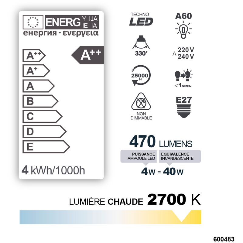 AMPOULE A60 FILAMENT VERRE BLANC E27 4W 2700K 470LM - DEBFLEX - 600483