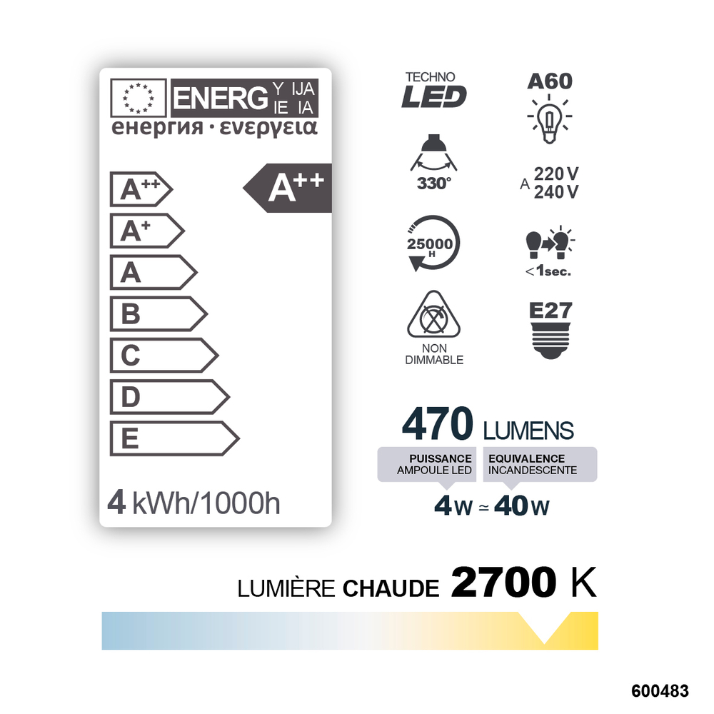 AMPOULE A60 FILAMENT VERRE BLANC E27 4W 2700K 470LM - DEBFLEX - 600483