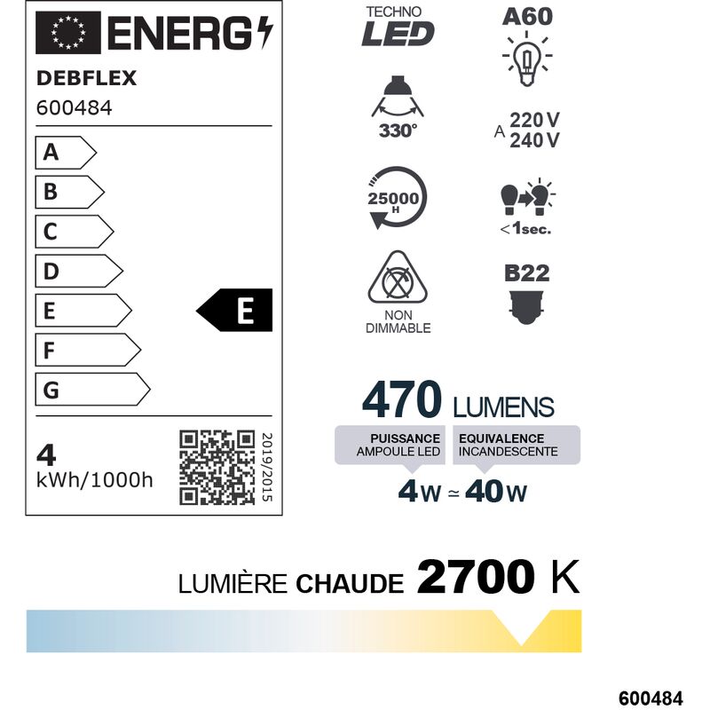 AMPOULE A60 FILAMENT VERRE BLANC B22 4W 2700K 470LM - DEBFLEX - 600484
