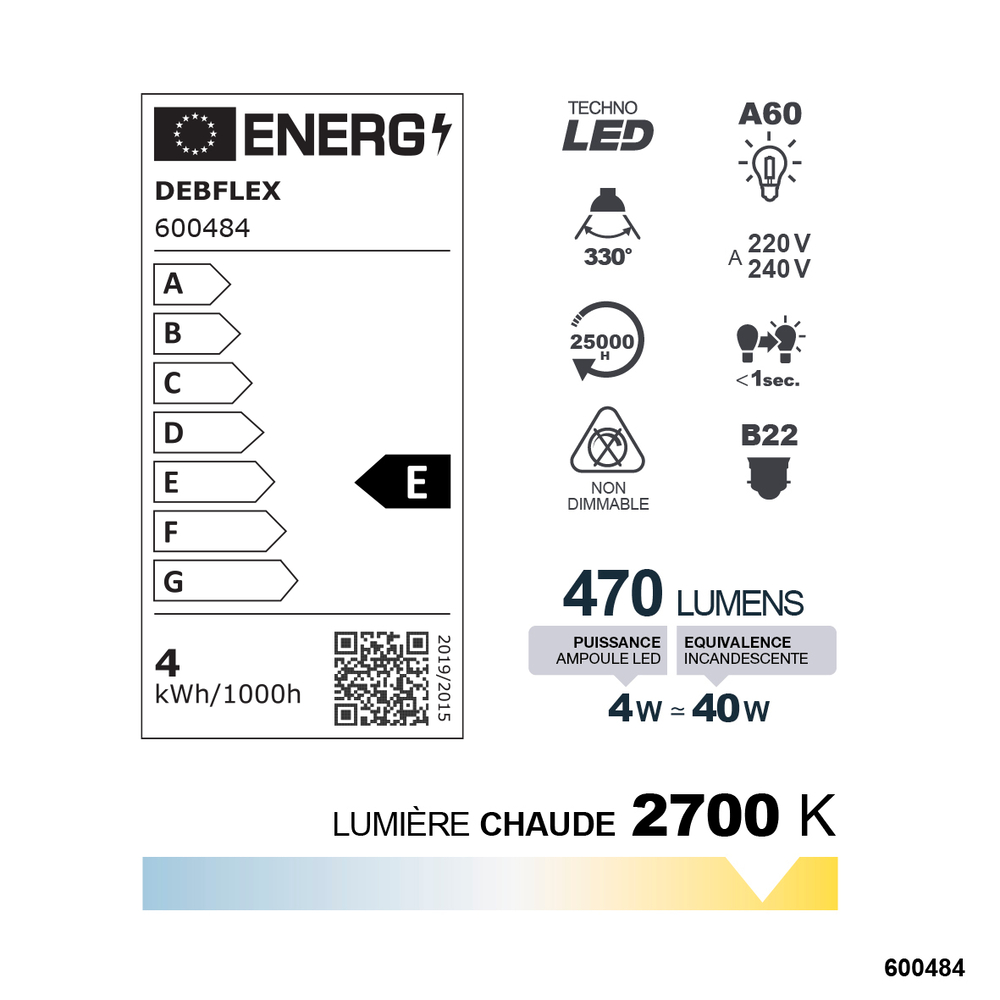 AMPOULE A60 FILAMENT VERRE BLANC B22 4W 2700K 470LM - DEBFLEX - 600484