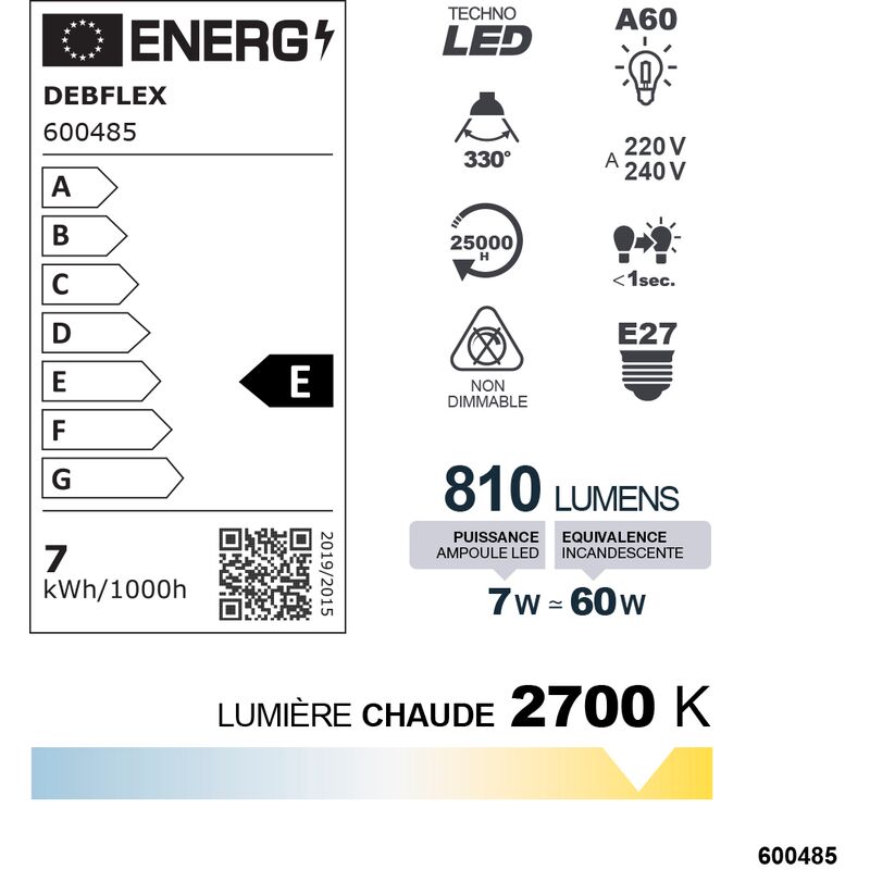 AMPOULE A60 FILAMENT VERRE BLANC E27 7W 2700K 810LM - DEBFLEX - 600485
