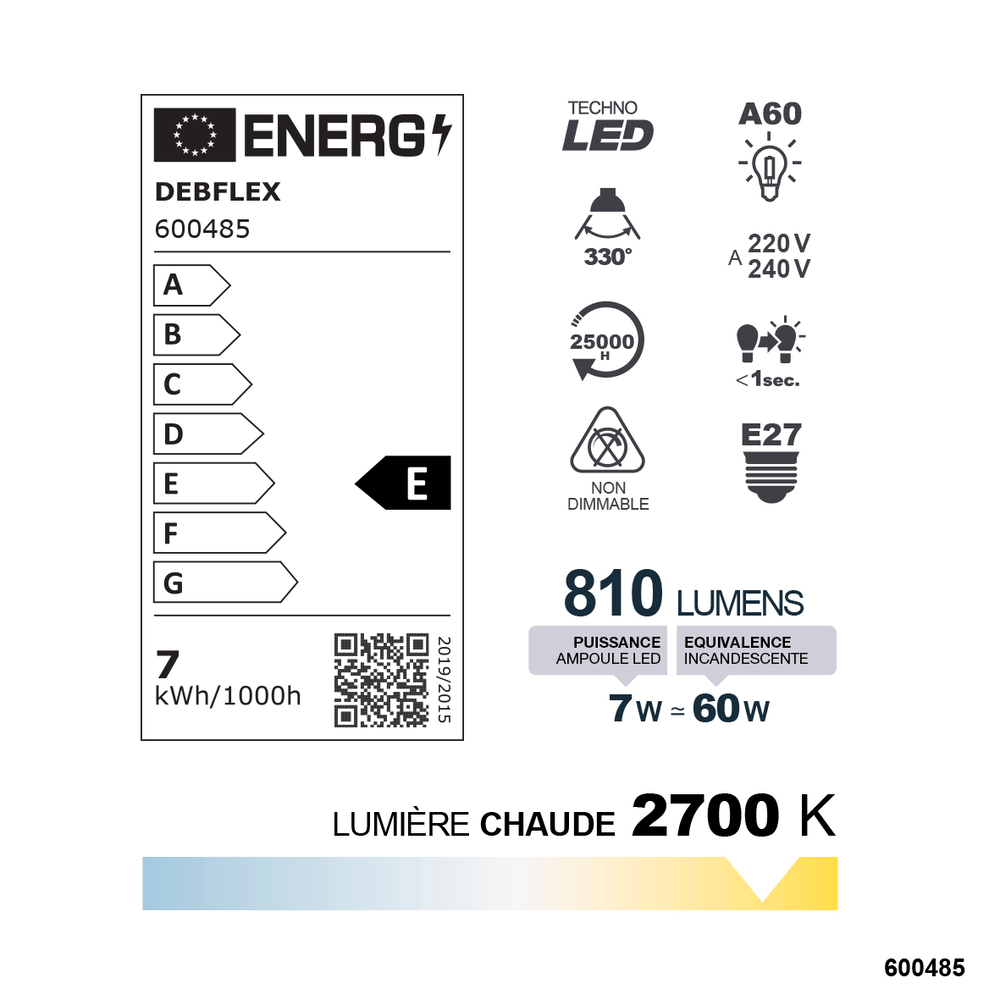 AMPOULE A60 FILAMENT VERRE BLANC E27 7W 2700K 810LM - DEBFLEX - 600485