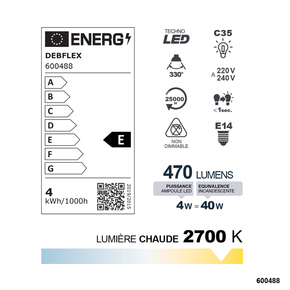 AMPOULE C35 FILAMENT VERRE BLANC E14 4W 2700K 470LM - DEBFLEX - 600488