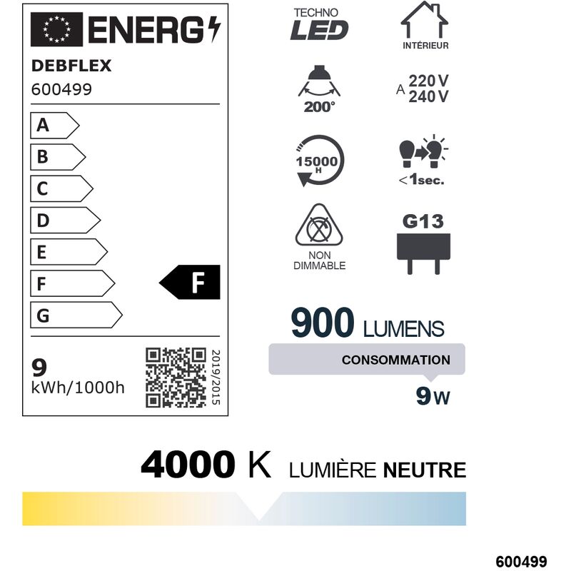 TUBE LED T8 600MM SMD G13 9W 4000K 900LM - DEBFLEX - 600499
