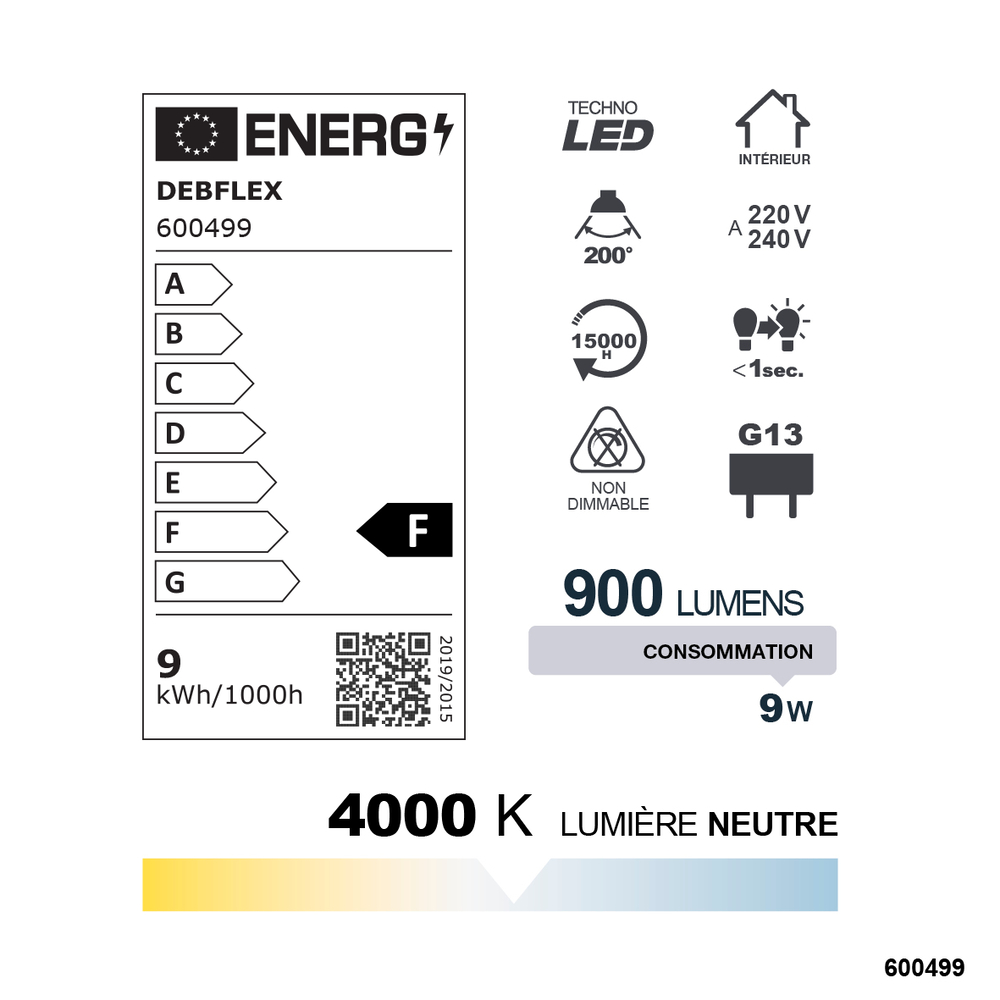 TUBE LED T8 600MM SMD G13 9W 4000K 900LM - DEBFLEX - 600499