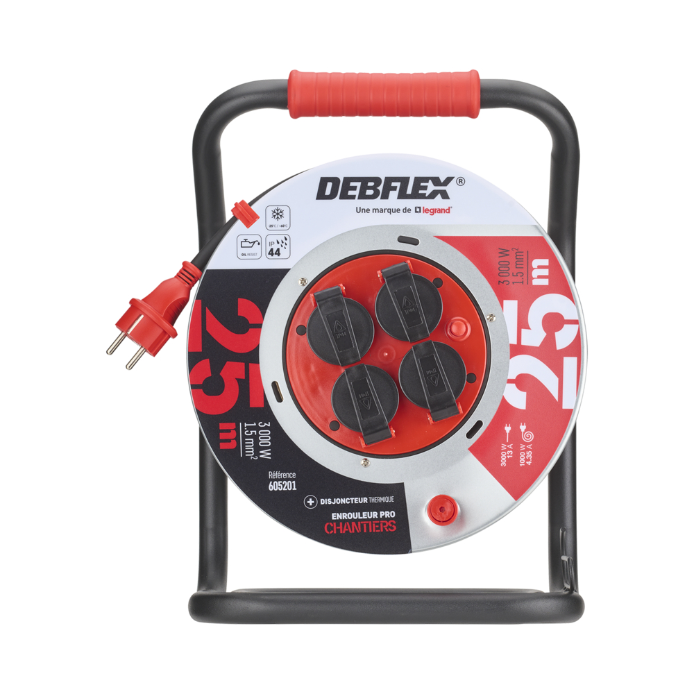 ENROULEUR METAL HO7RN-F 3G1,5 4 PRISES ETANCHE IP44 25M - DEBFLEX - 605201