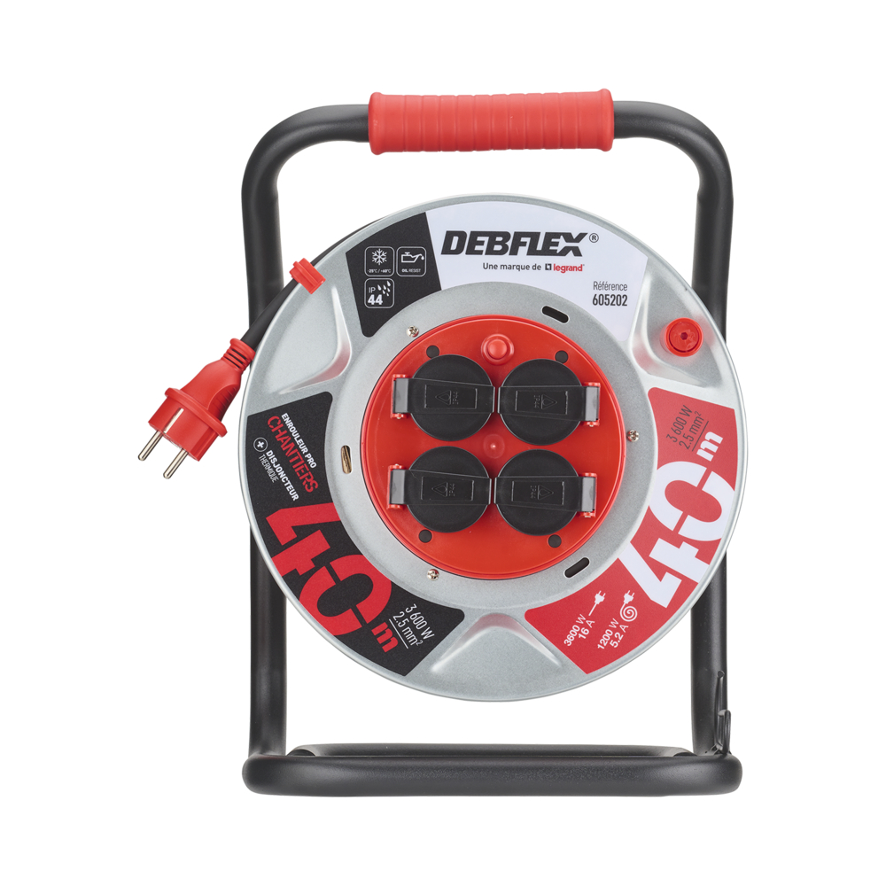 ENROULEUR METAL HO7RN-F 3G2,5 CENTRE FIXE 4 PRISES ETANCHE IP44 40M - DEBFLEX - 605202