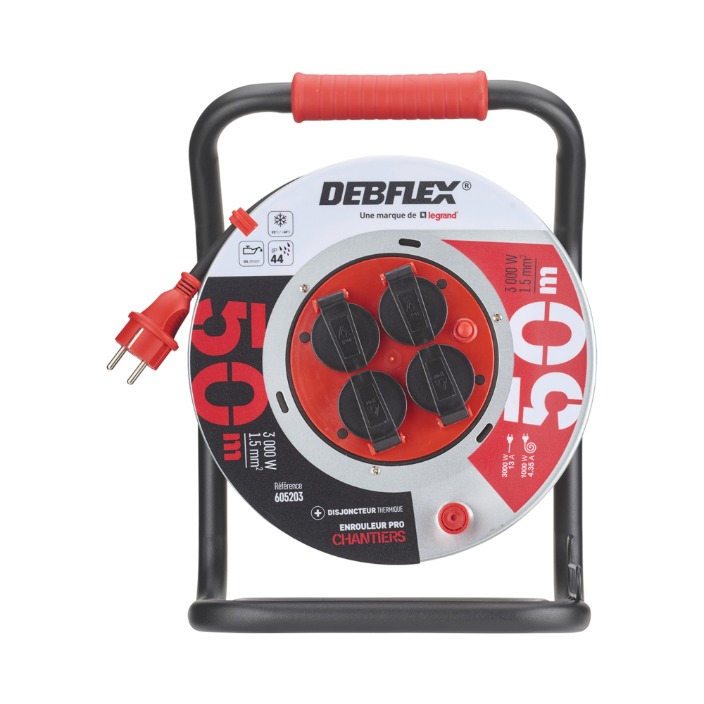 ENROULEUR METAL HO7RN-F 3G1,5 4 PRISES ETANCHE IP44 50M - DEBFLEX - 605203